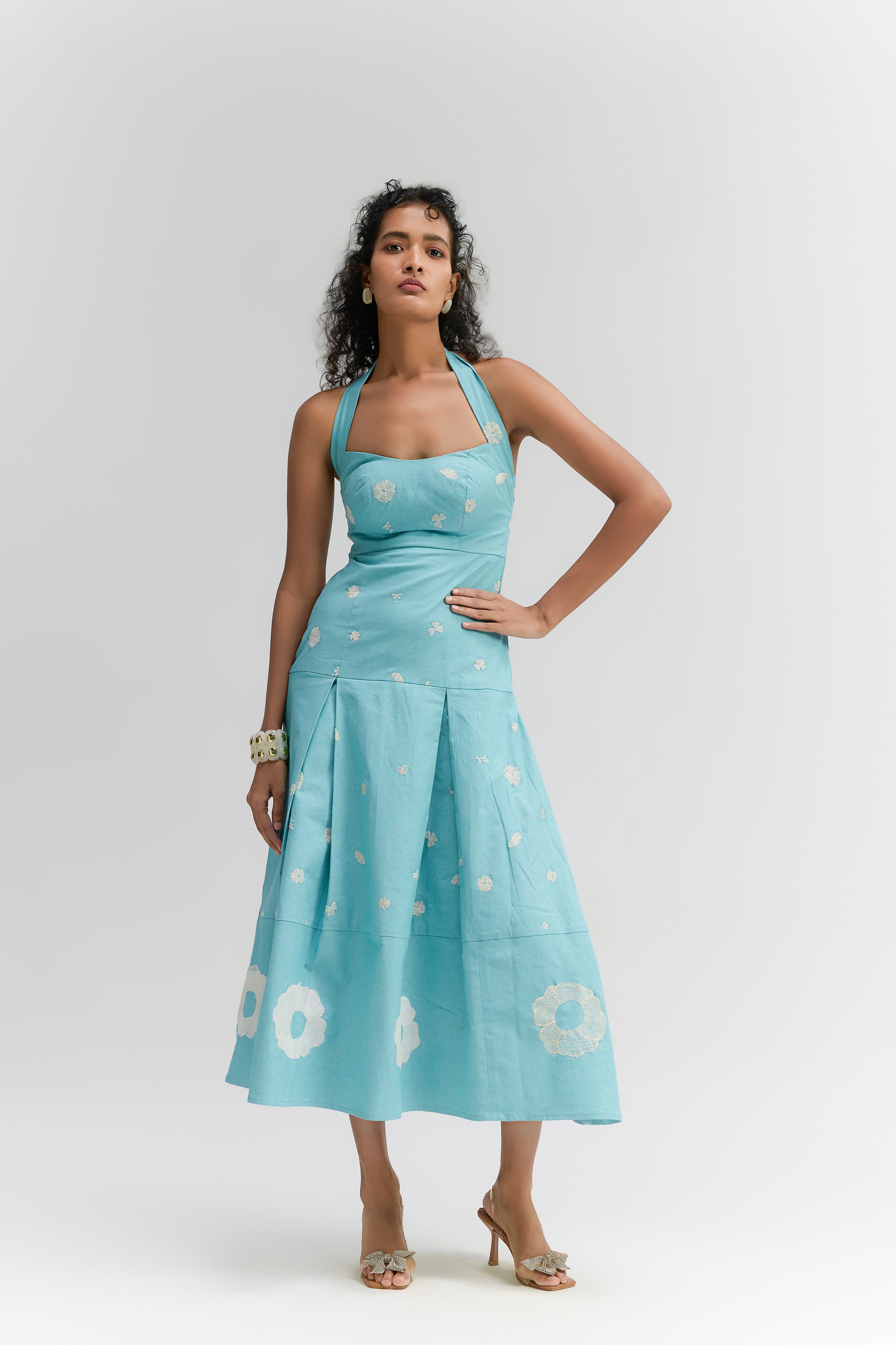 Aqua blue cotton denim Halter neck dress
