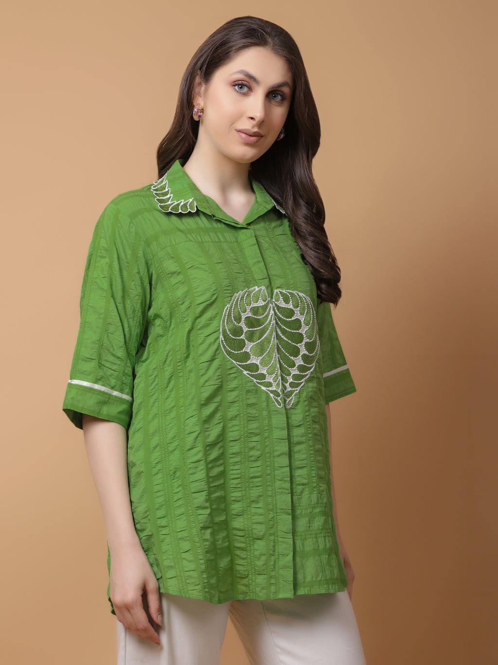 Green Cotton Crushed Embroidered Shirt