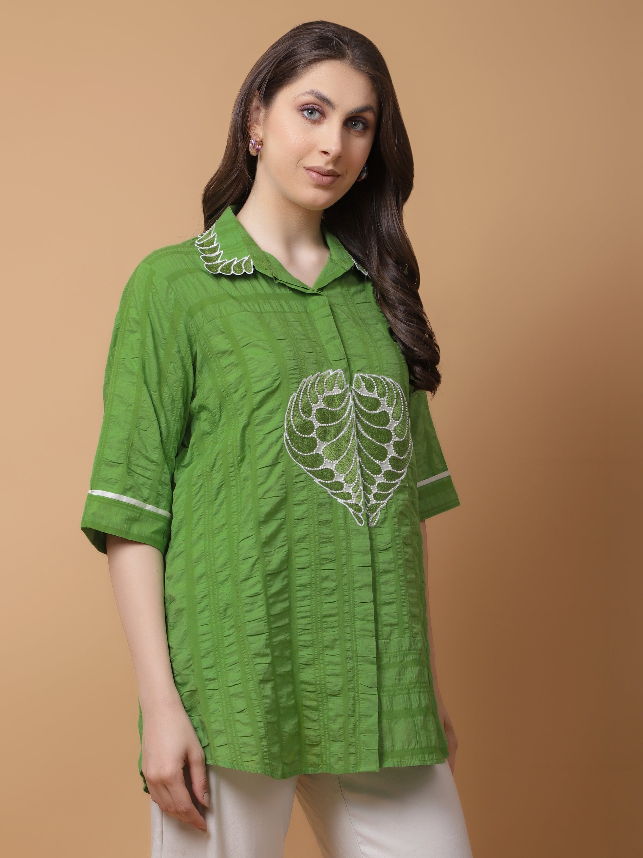 Green Cotton Crushed Embroidered Shirt