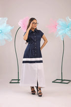 The navy and white colour block midi cotton dress