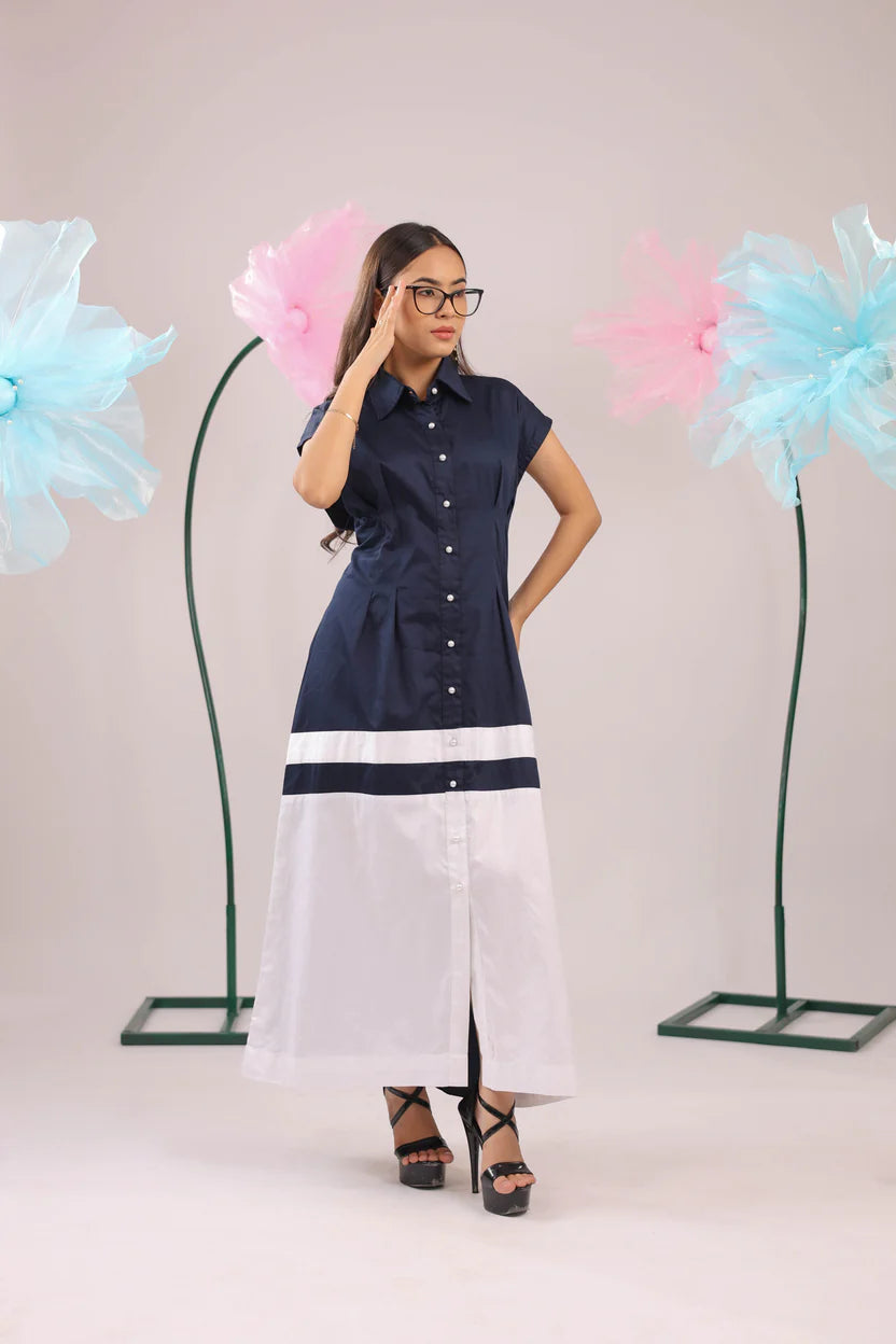 The navy and white colour block midi cotton dress