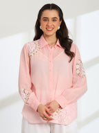 Pink Rose Garden Hand Embroidered French lace Mul Shirt