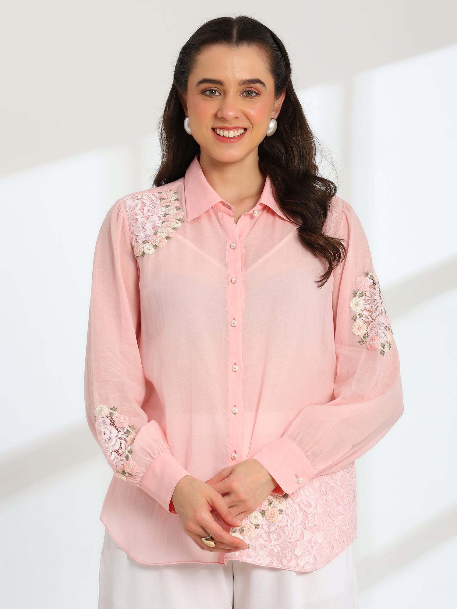 Pink Rose Garden Hand Embroidered French lace Mul Shirt