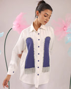 THE WHITE AND PRUPLE STONE TASSEL CRAPE SHIRT