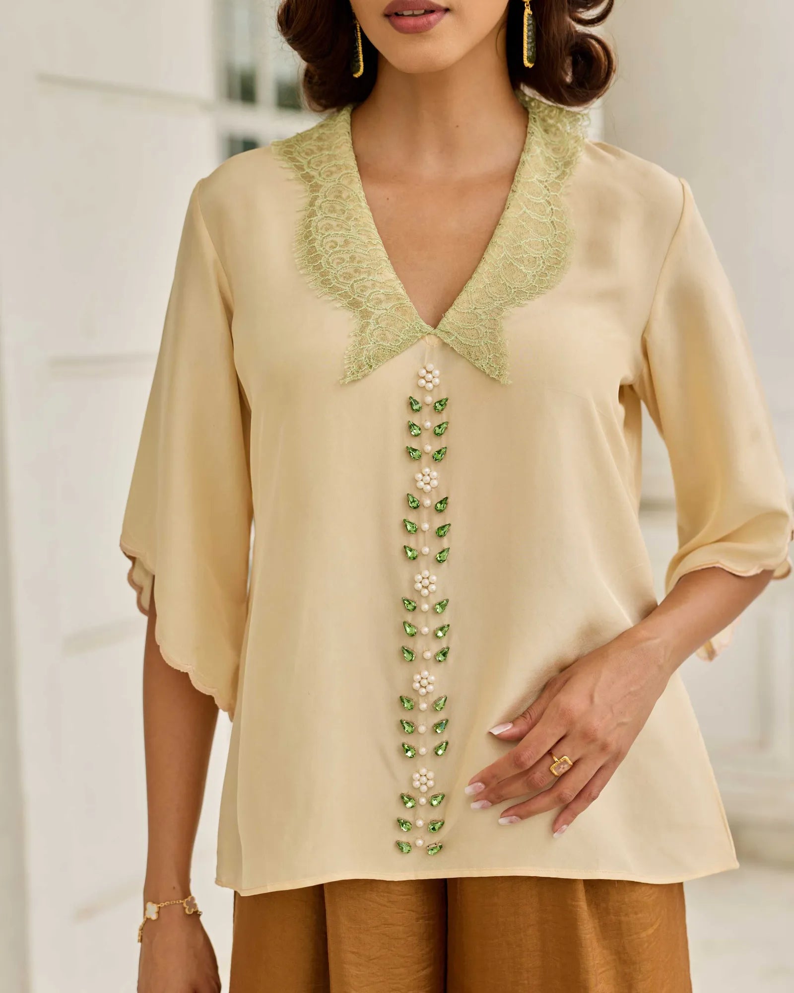 Celestial Echo Soft Beige Hand Embroidered French Lace Habotai Silk Top - Dareiss