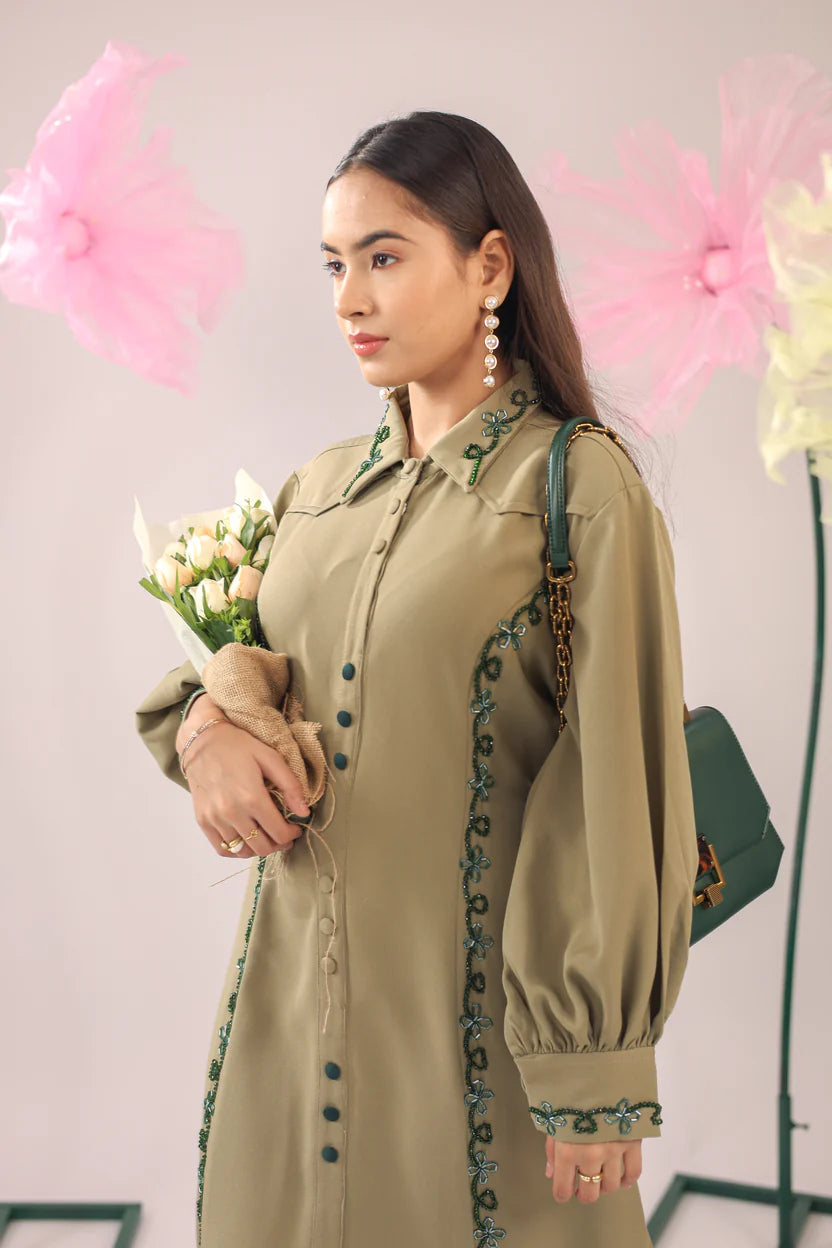 The olive green embellished A-line midi dress