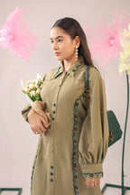 The olive green embellished A-line midi dress