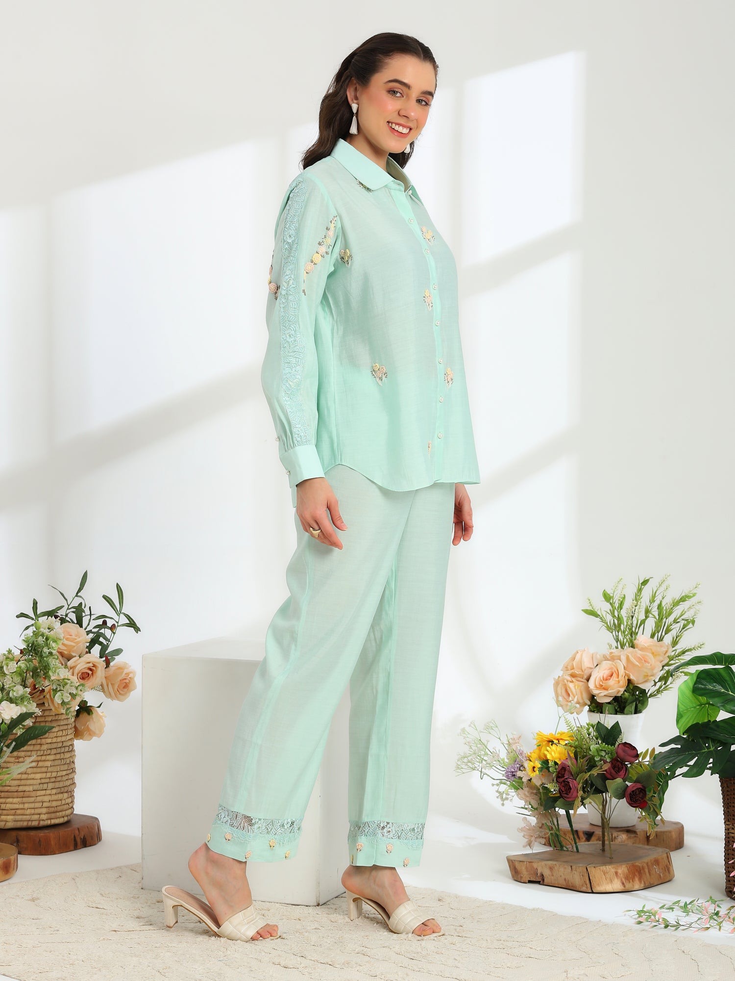 Spring Mint Hand Embroidered French lace Silk Cotton Co-ord set