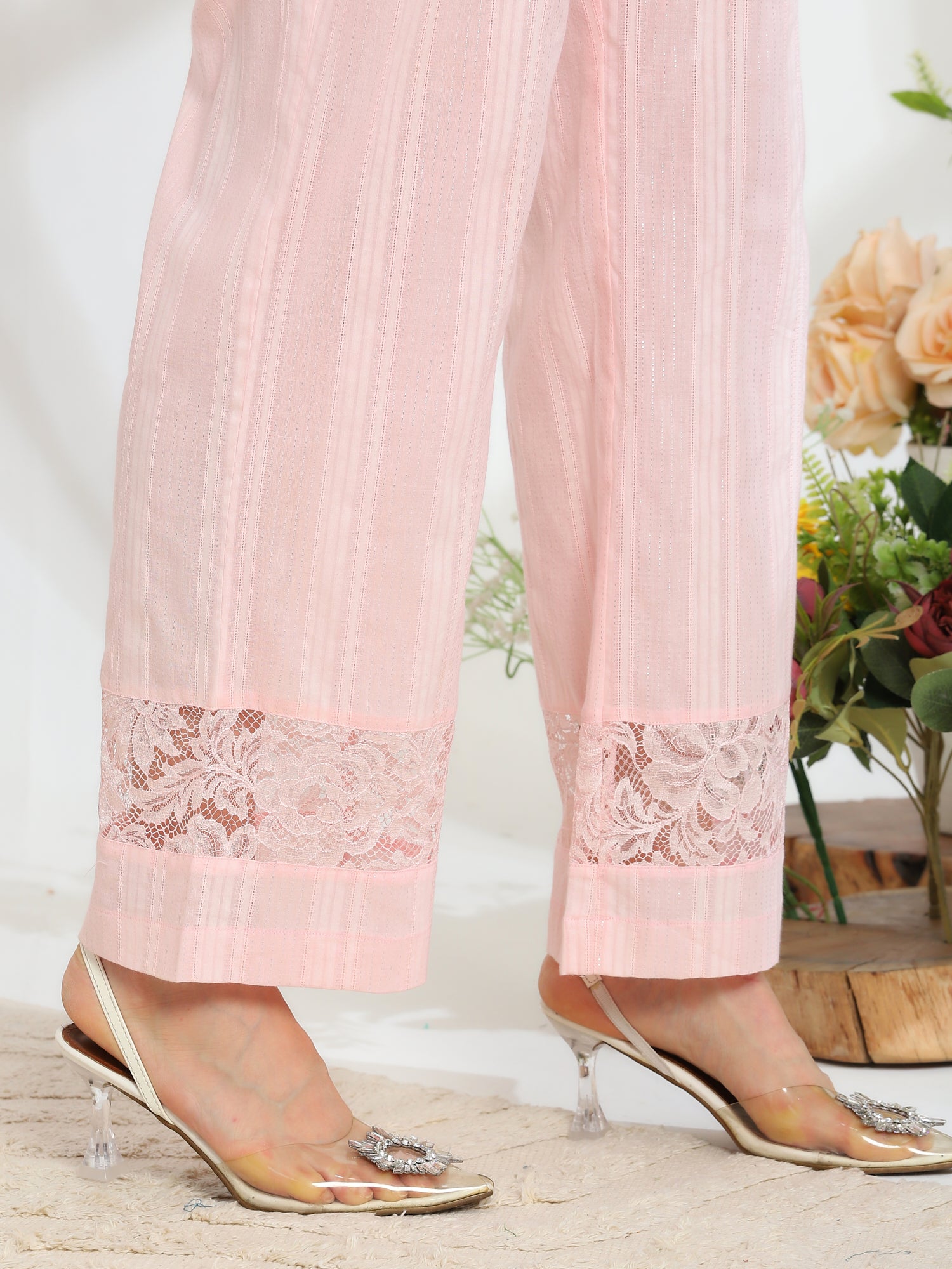 Silvaire Rose Hand Embroidered French lace  cotton lurex Kurta set