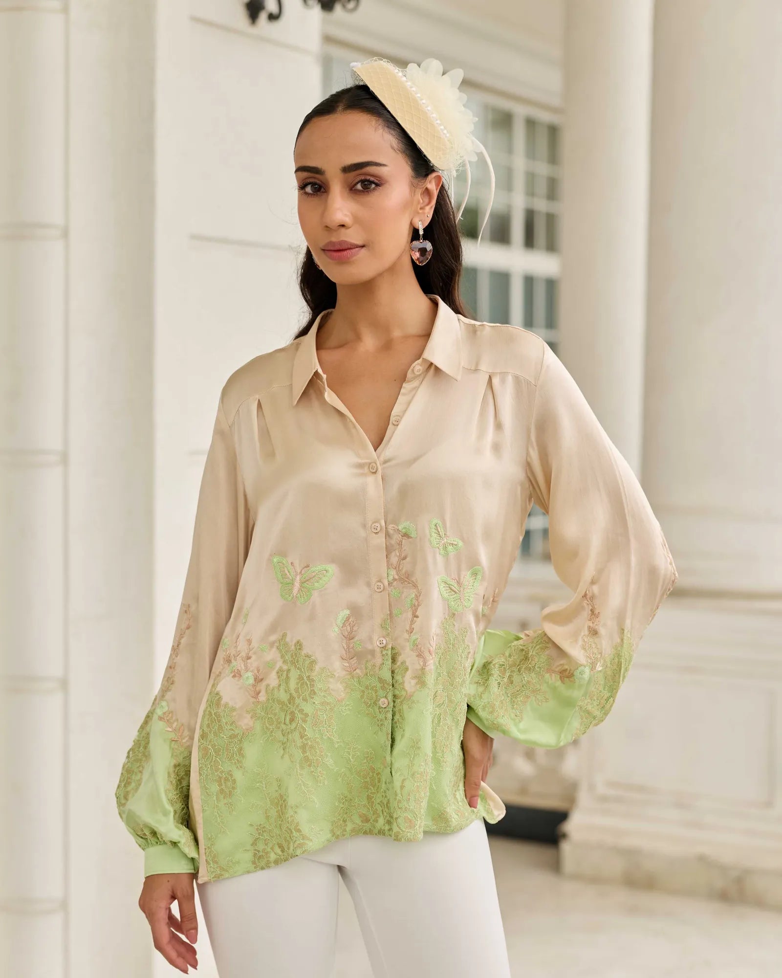 Ember Stone-Sage Hand Embroidered French Lace Satin Silk Shirt