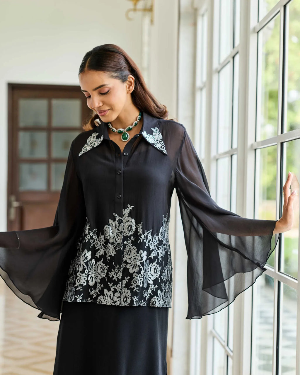 Monochrome Muse Swarowski French Lace Georgette Shirt