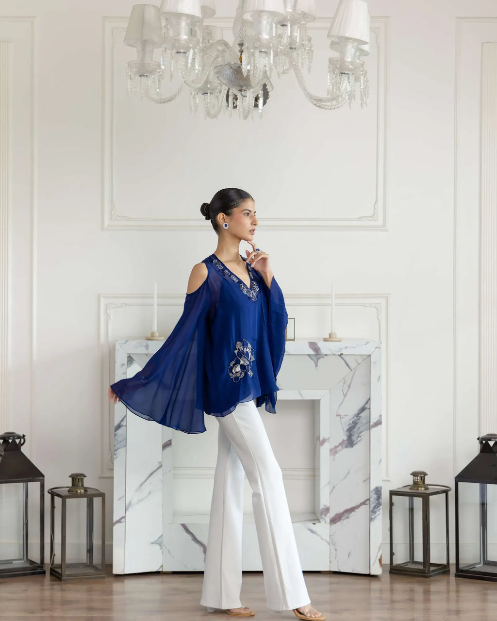 Seraphine Navy Blue Hand embroidered Flat Chiffon Top