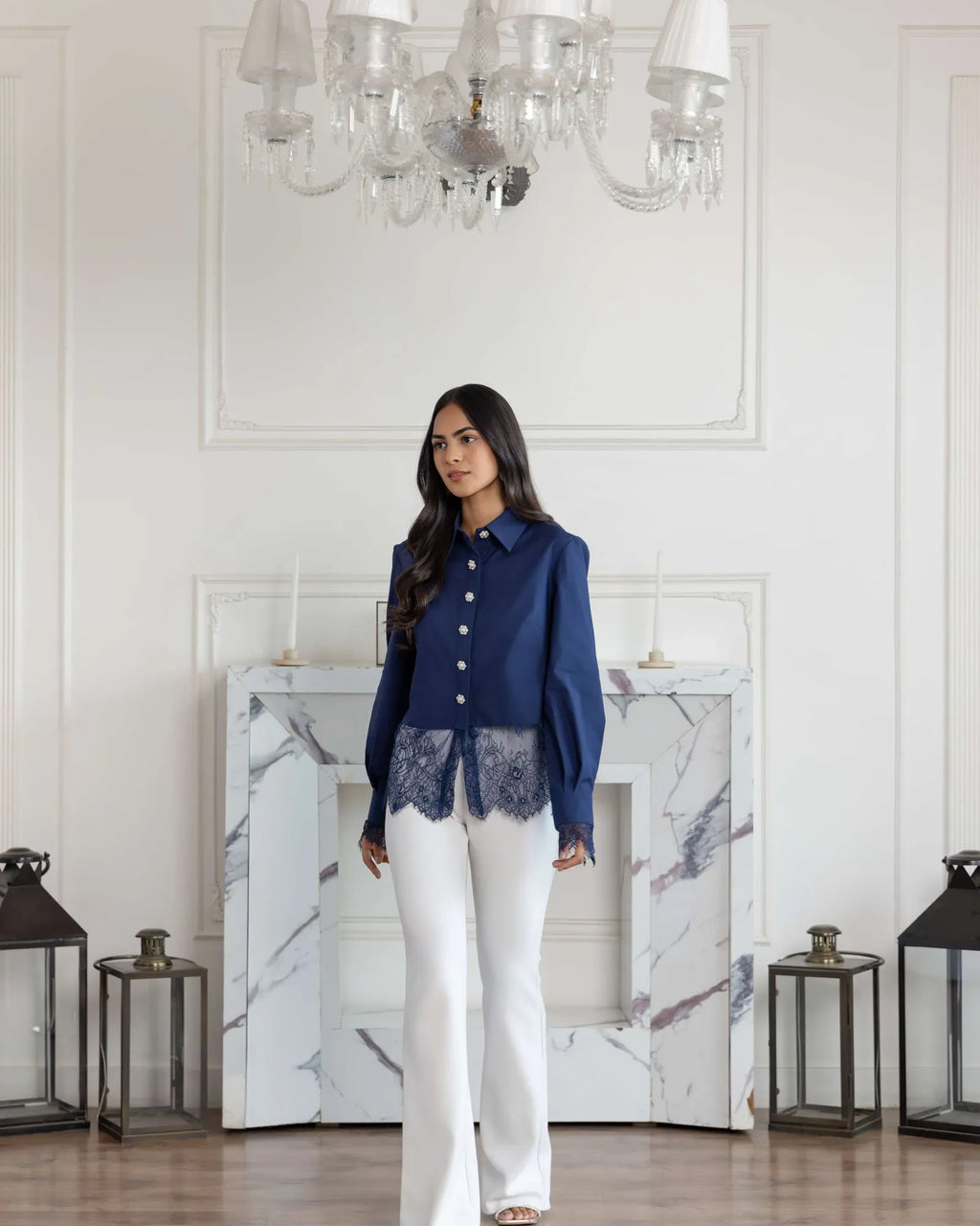 Aureal Blue French Lace Cotton Shirt
