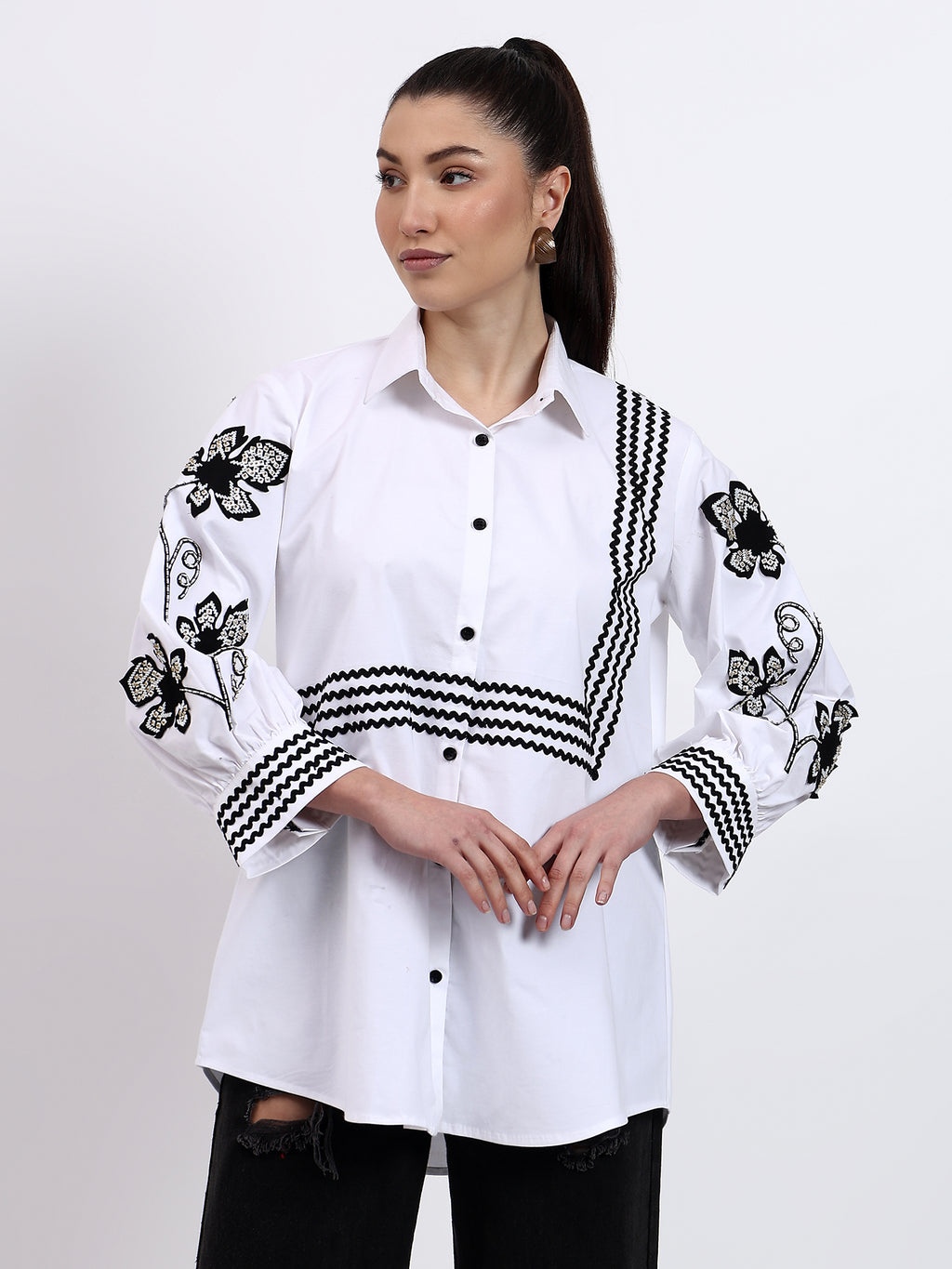 White Ric Rac Embroidered Shirt