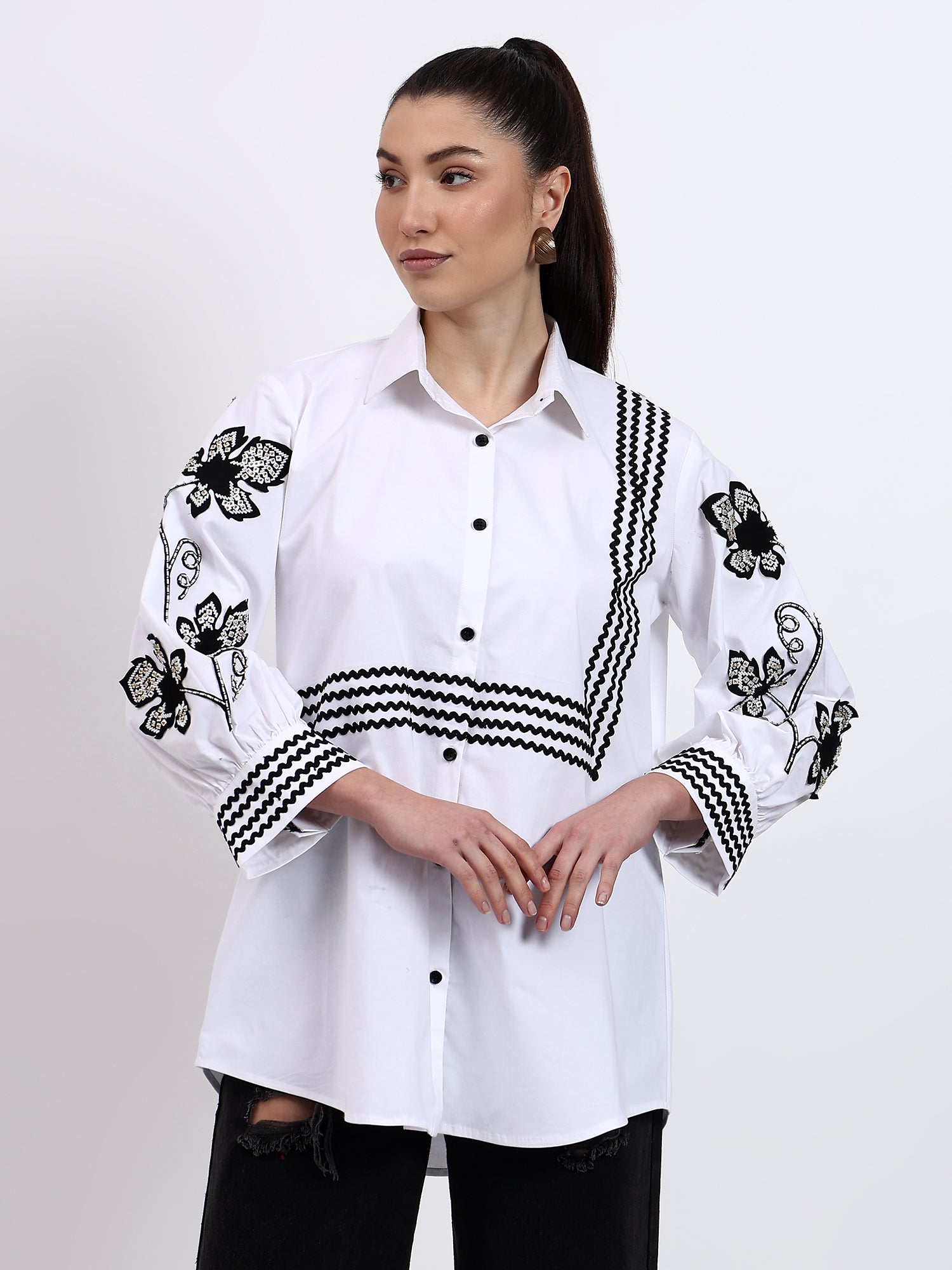 White Ric Rac Embroidered Shirt