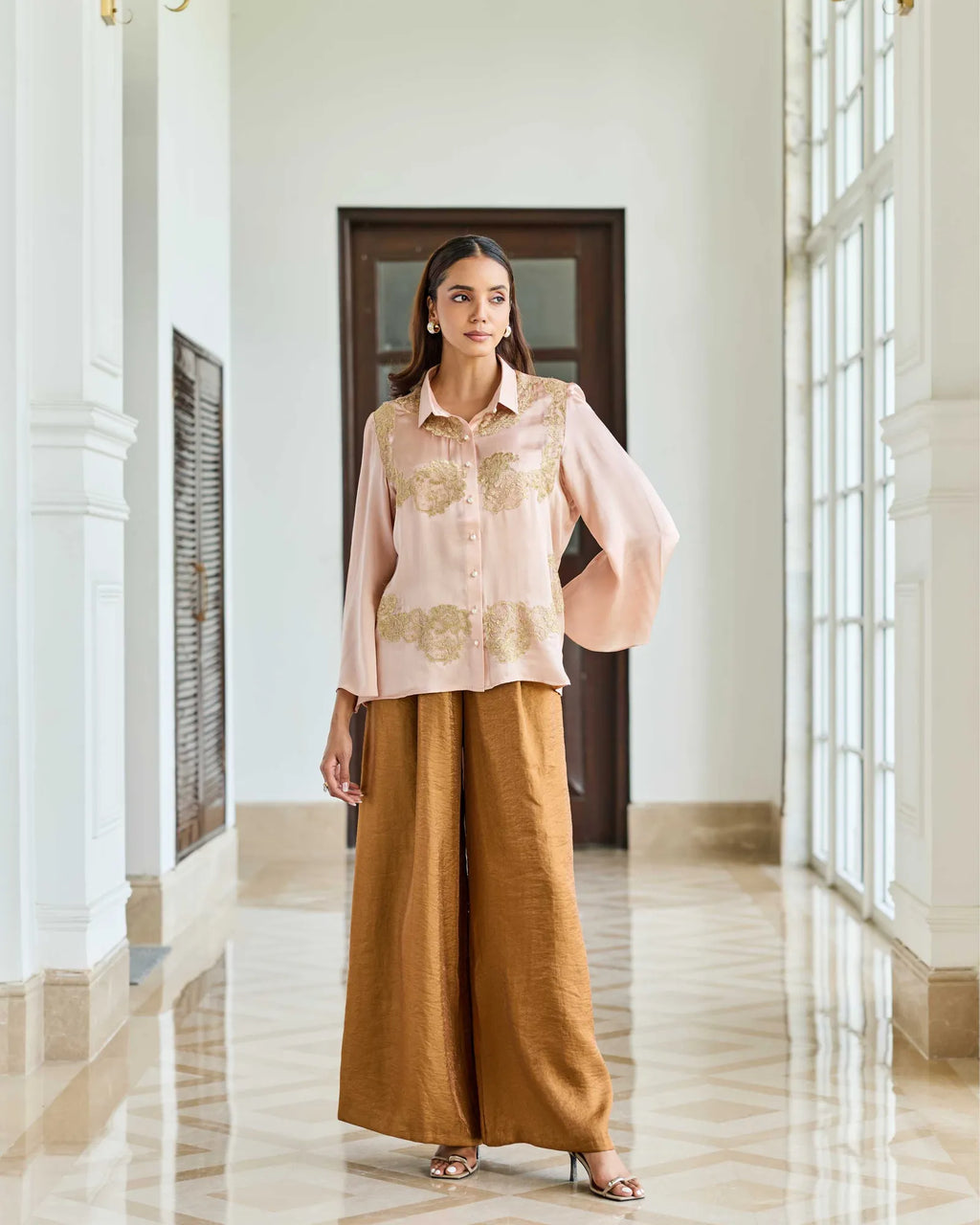 Rosette Mist Dusty Pink Symmetrical Lace Appliqué Satin Silk Shirt