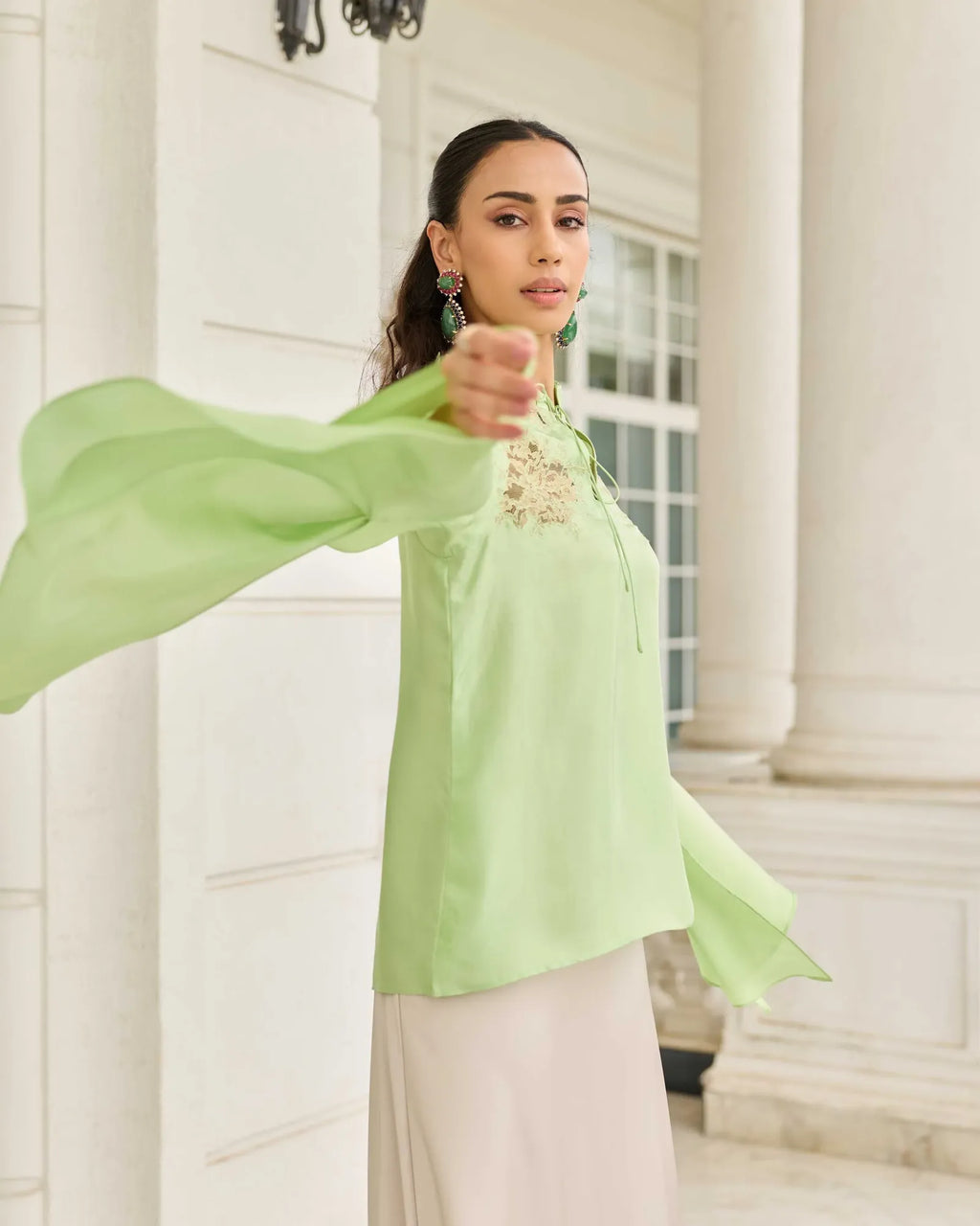 Reverie Pastel Verdant Hand Patched French Lace Twill Silk Top