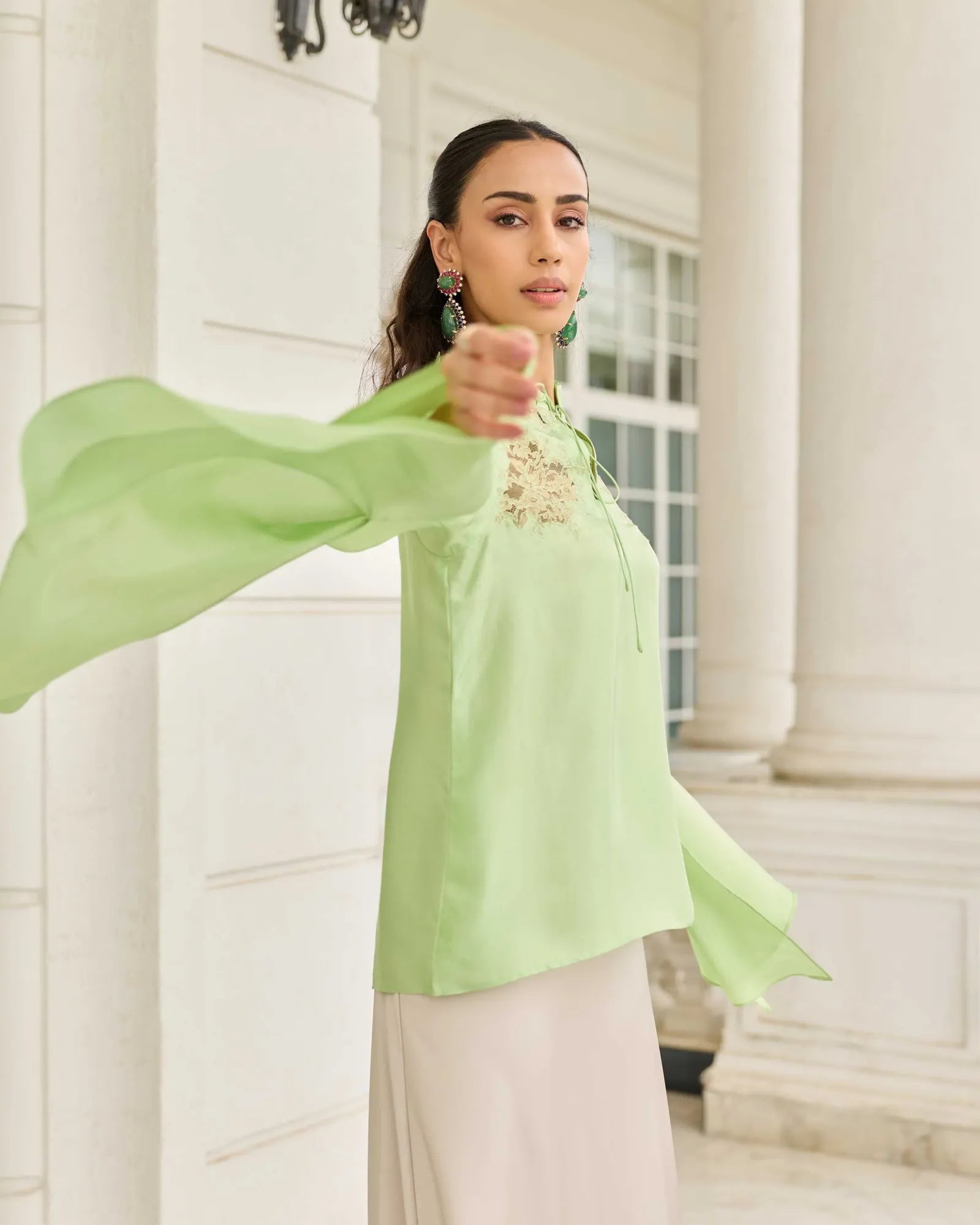 Reverie Pastel Verdant Hand Patched French Lace Twill Silk Top