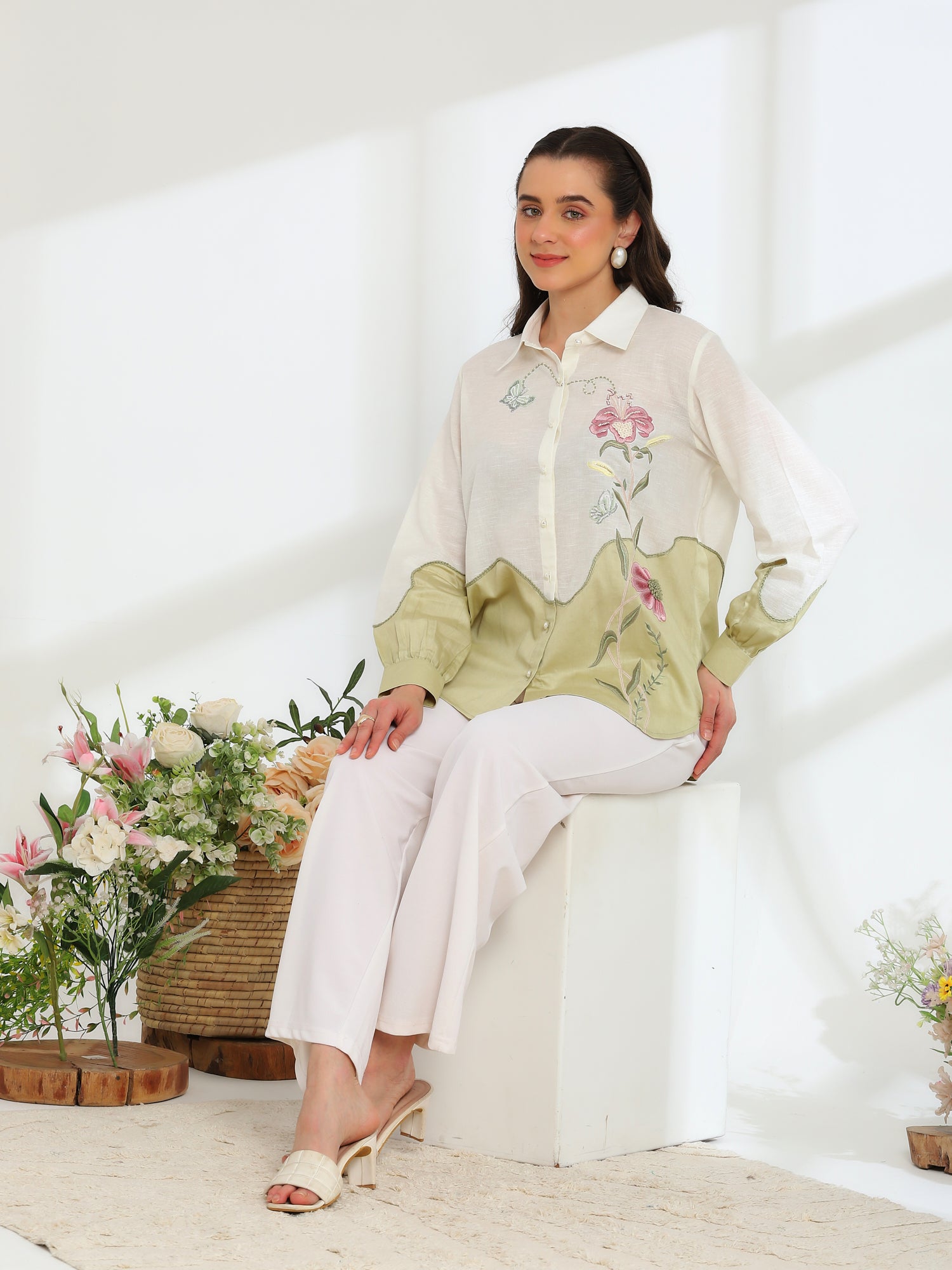 Ether Sage Green Embroidered French lace Silk Linen Shirt