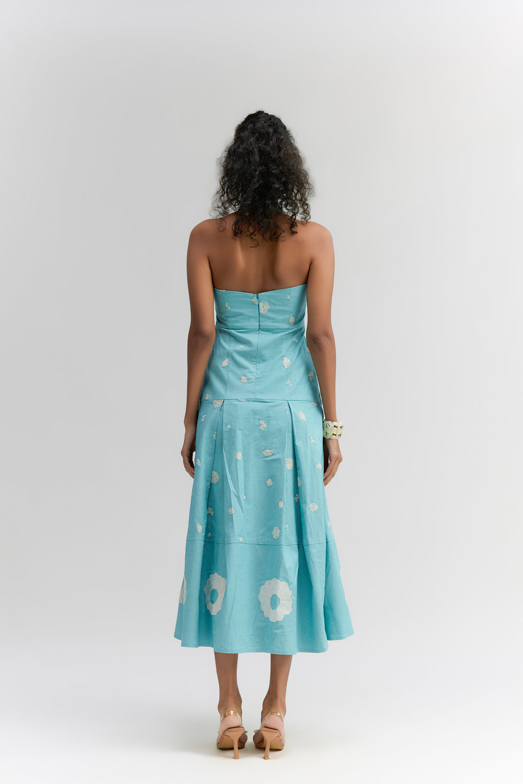 Aqua blue cotton denim Halter neck dress - Itara