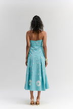 Aqua blue cotton denim Halter neck dress - Itara