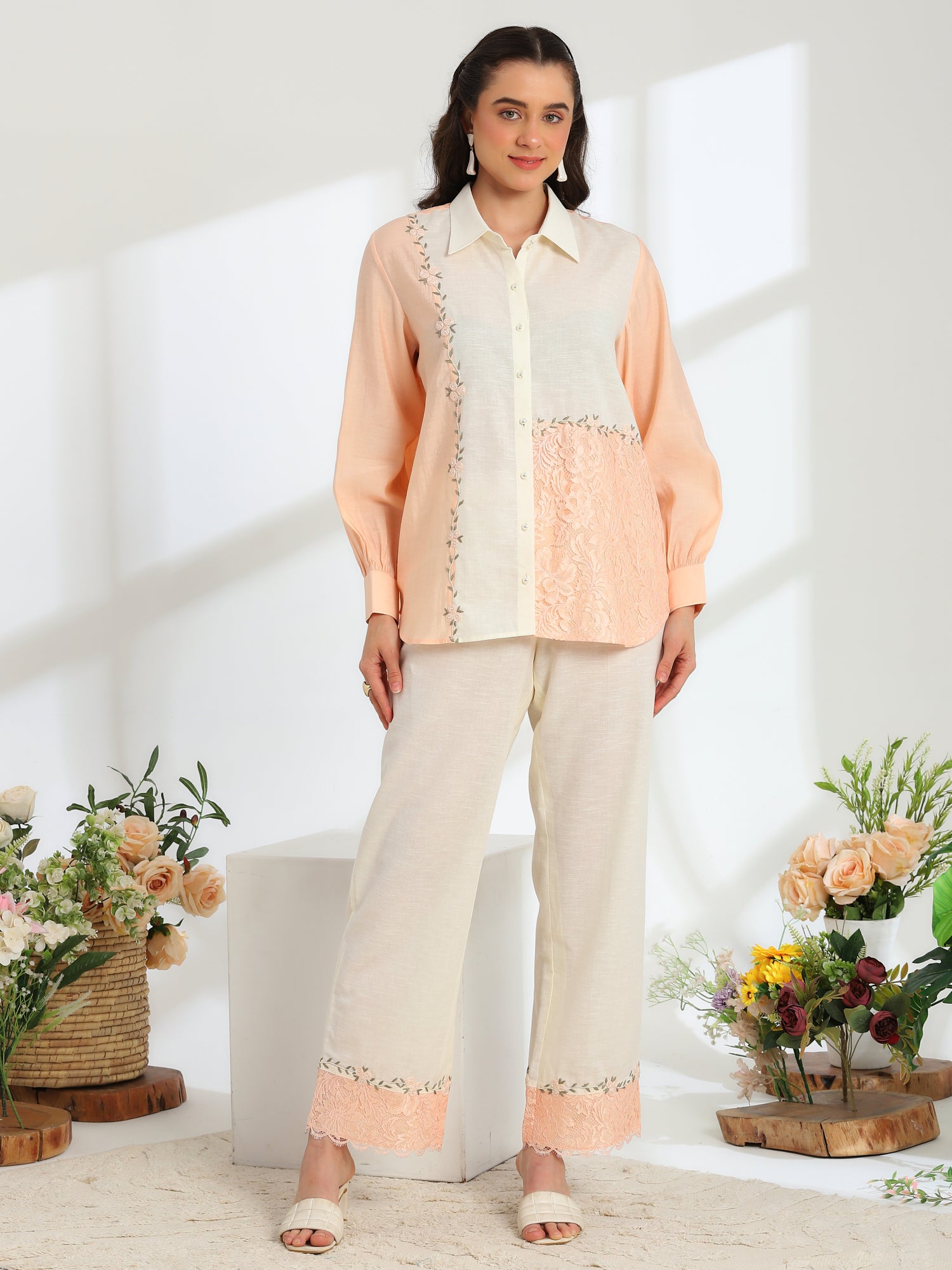 Floréa Peach Hand Embroidered French lace Silk Linen Co-ord Set