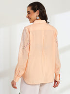 Spring Peach Hand Embroidered French lace Silk Cotton Shirt