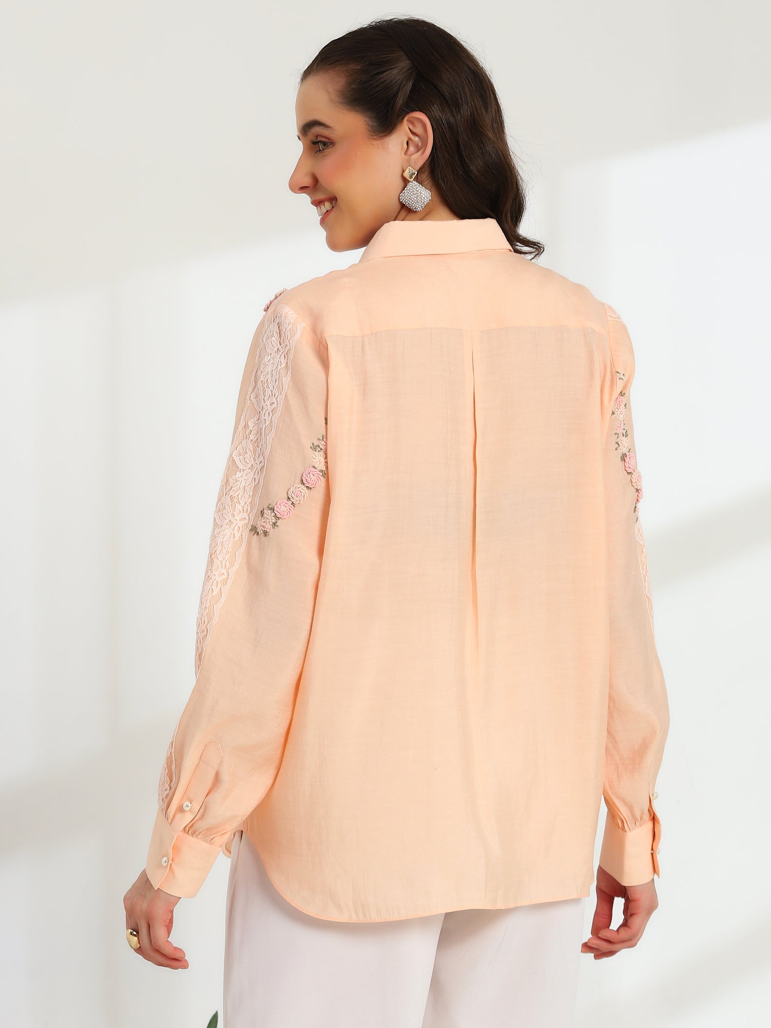 Spring Peach Hand Embroidered French lace Silk Cotton Shirt