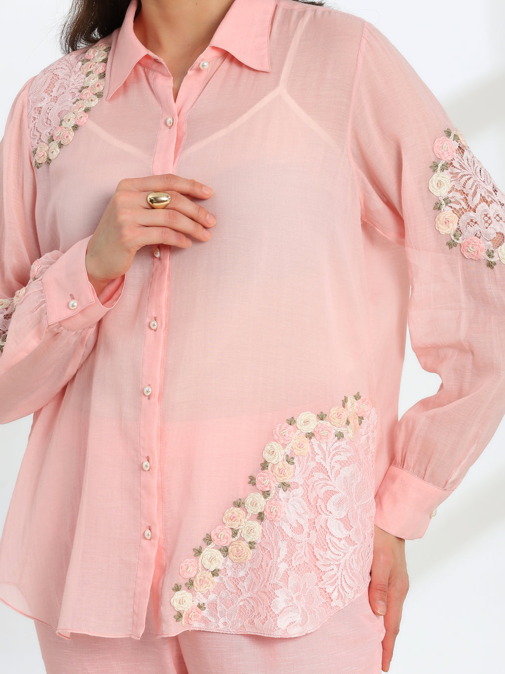Pink Rose Garden Hand Embroidered French lace Mul Shirt