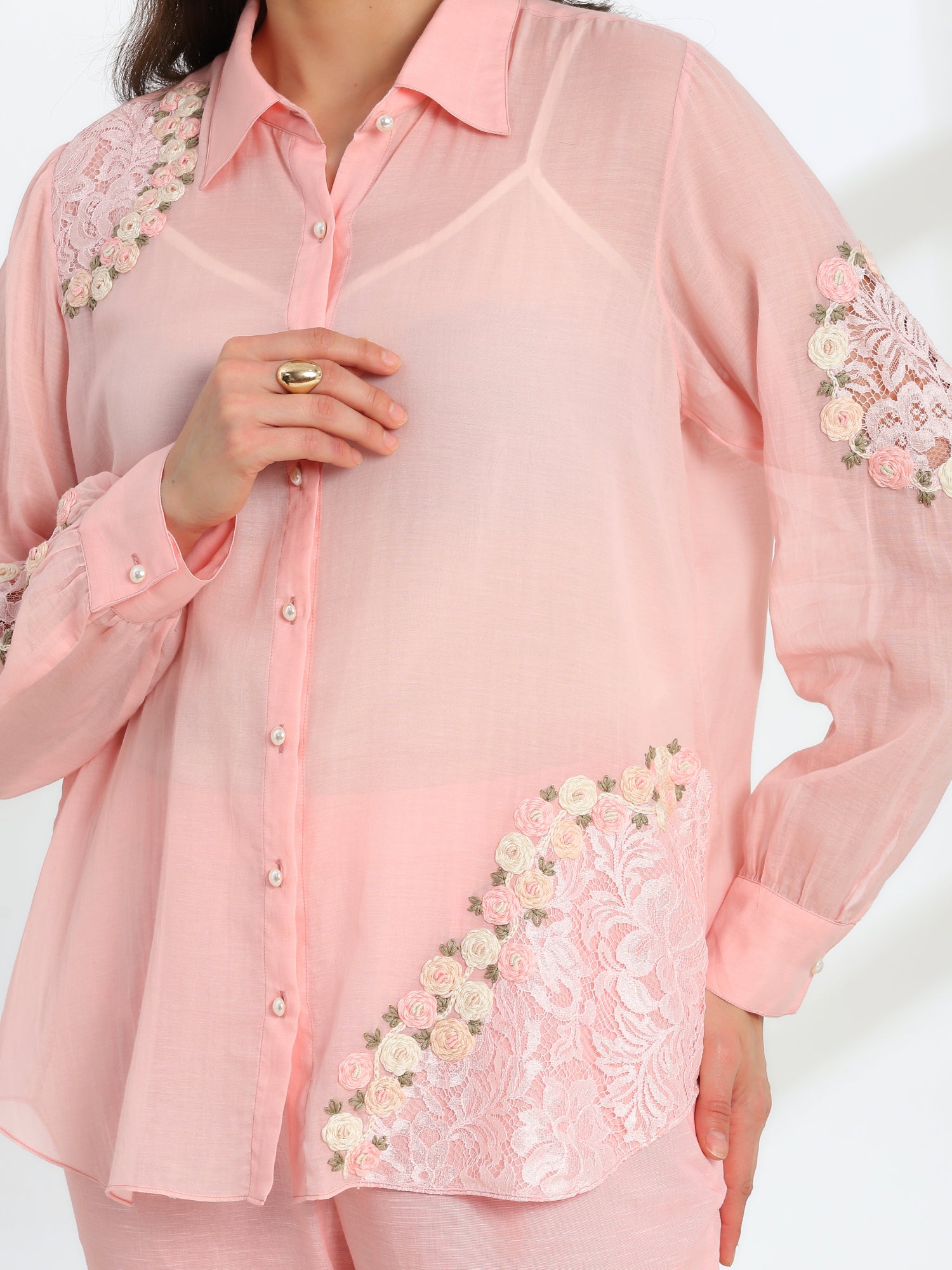 Pink Rose Garden Hand Embroidered French lace Mul Shirt
