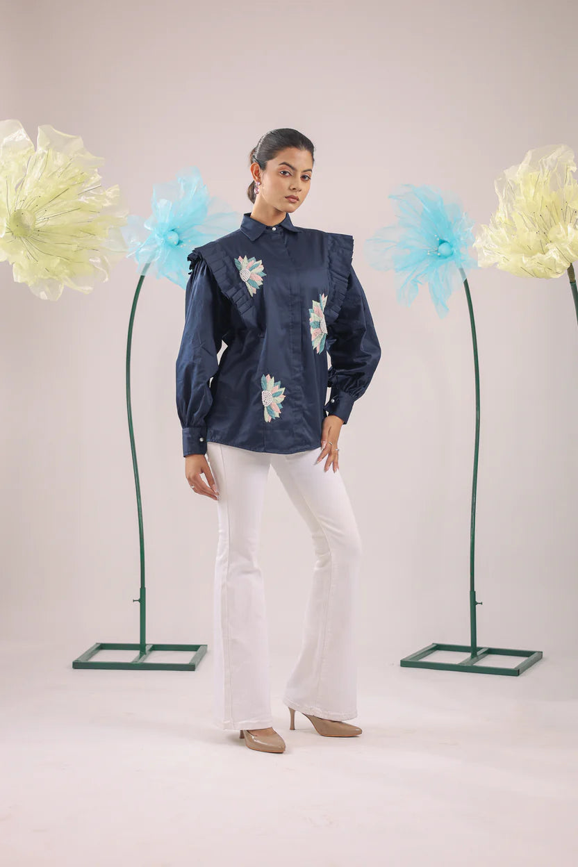 THE NAVY BLUE FLORAL PLEATED COTTON SHIRT