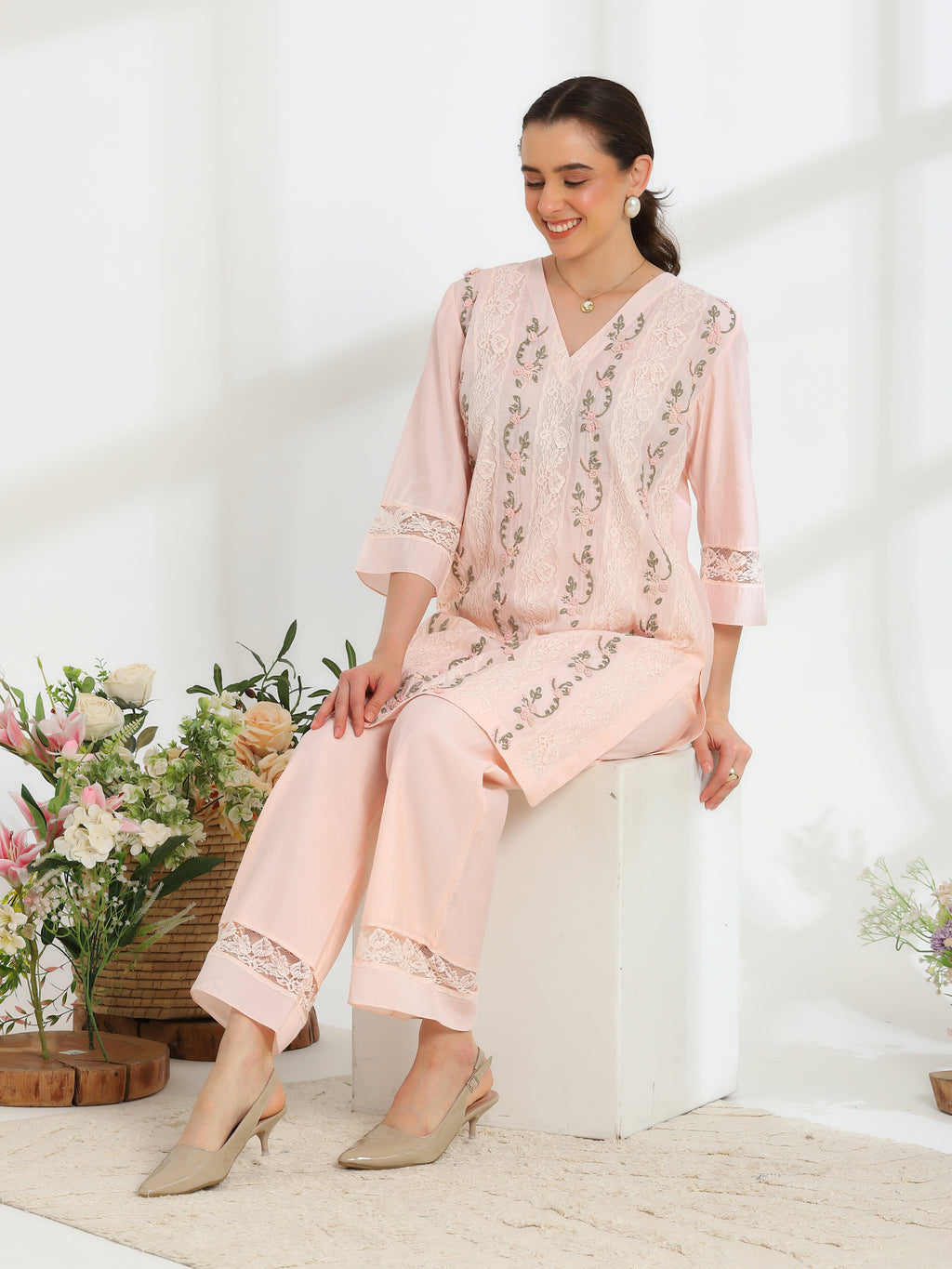 Rosella Bloom Hand Embroidered French lace Cotton Silk Kurta set - Dareiss