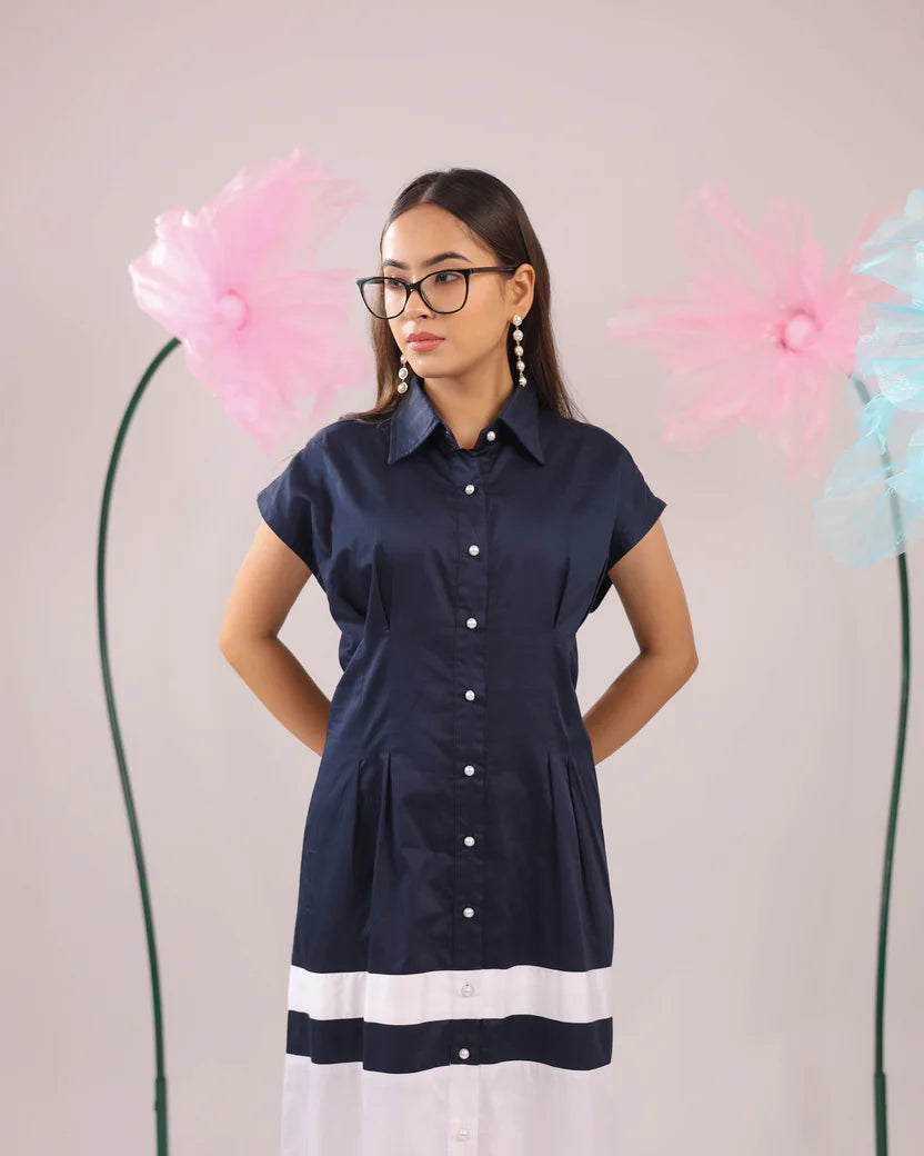 The navy and white colour block midi cotton dress