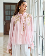 Petal Crest Pink Bow French Lace Flat Chiffon Top - Dareiss