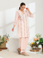 Rosella Bloom Hand Embroidered French lace Cotton Silk Kurta set