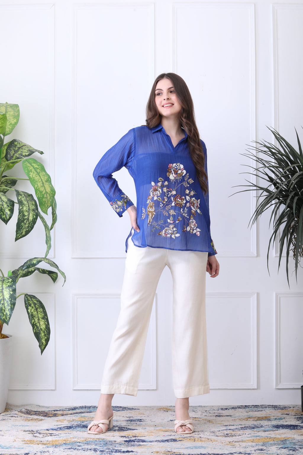 Conor Blue Embroidered Chanderi Top with Ivory Pants