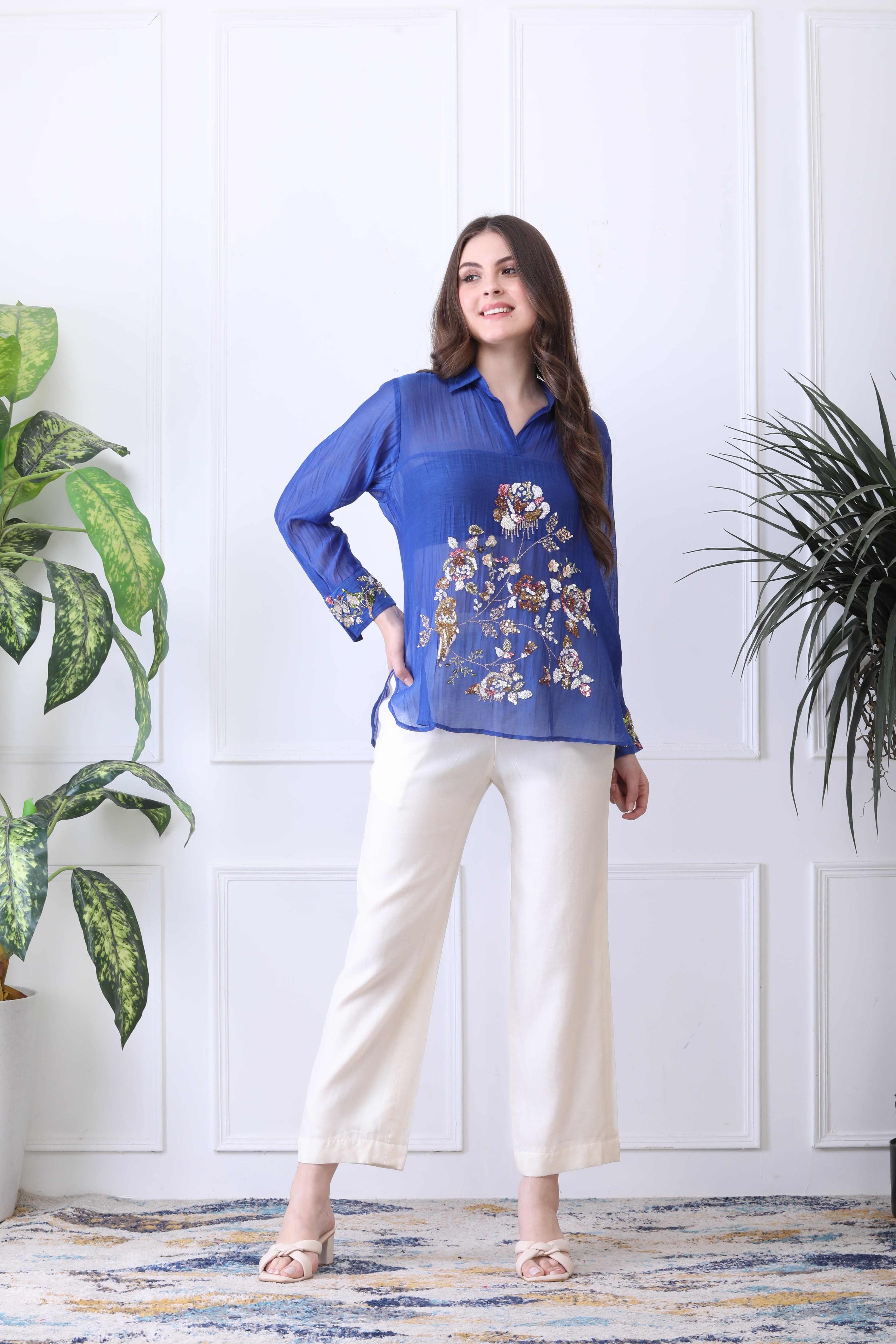Conor Blue Embroidered Chanderi Top with Ivory Pants