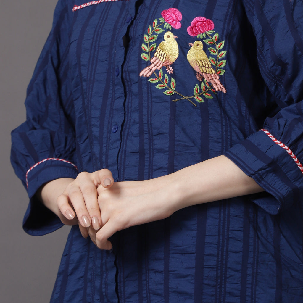 Blue Crushed Embroidered Shirt