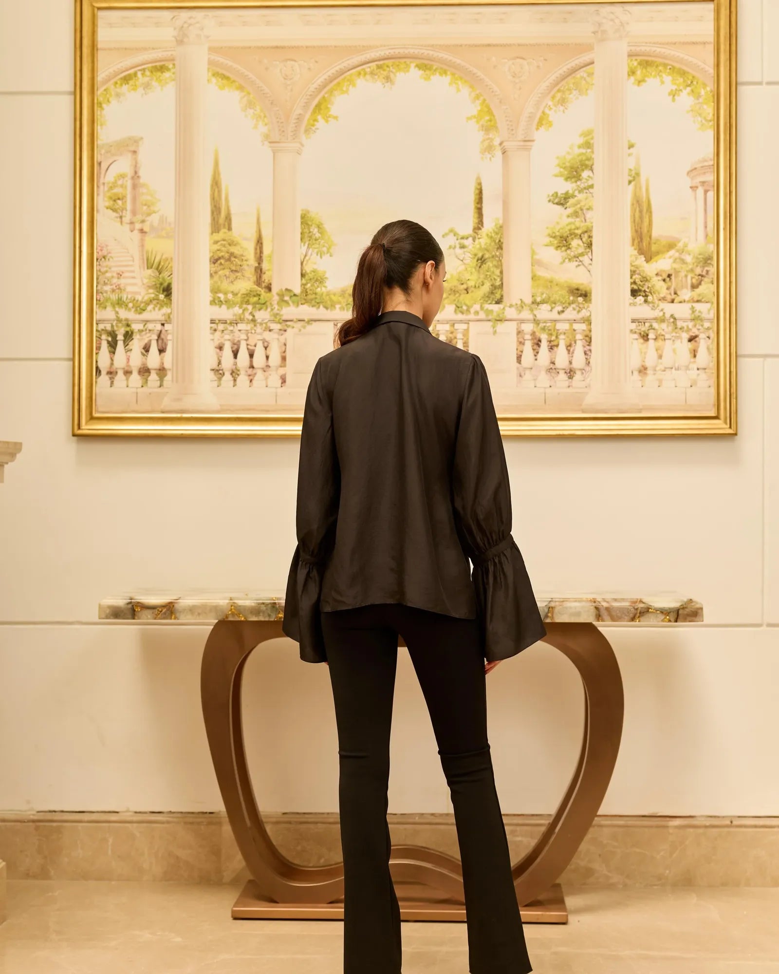 Gilded Legacy Black Habotai Silk Shirt with French Lace Panels