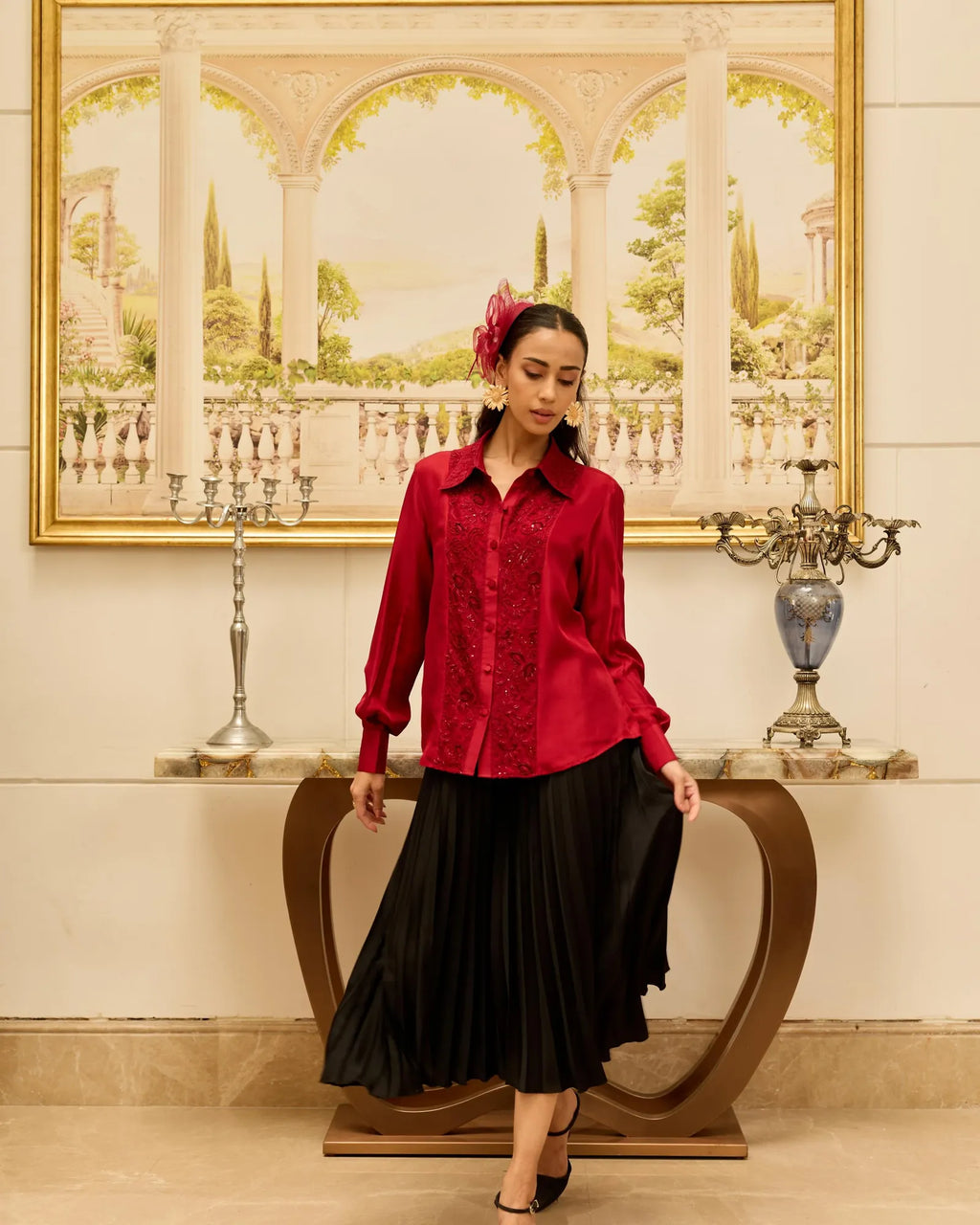 Amulet Cherry Red French Lace Panel Hand Embellished Twill Silk Shirt