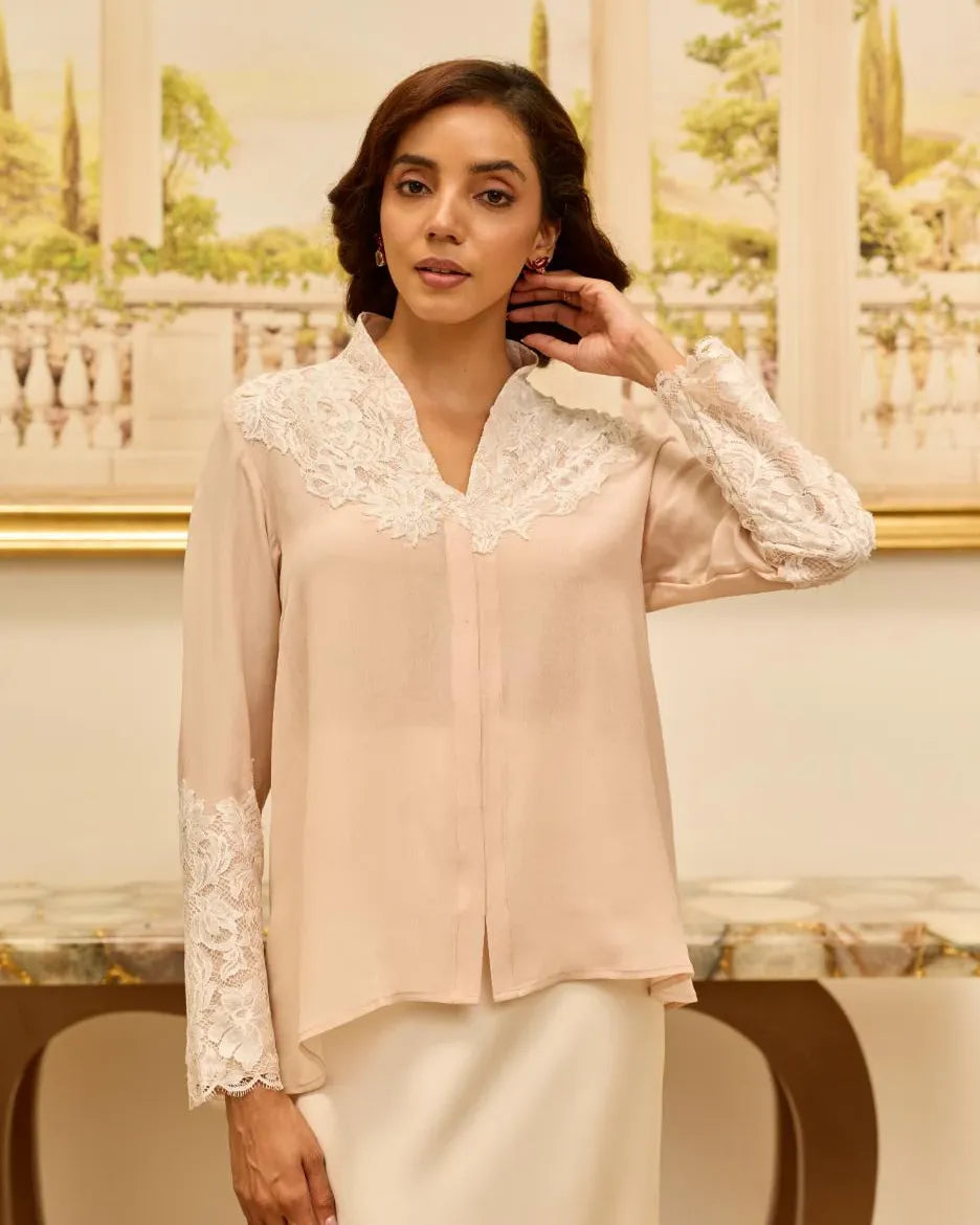 Lunaria Misty Rose French Lace Crepe Top