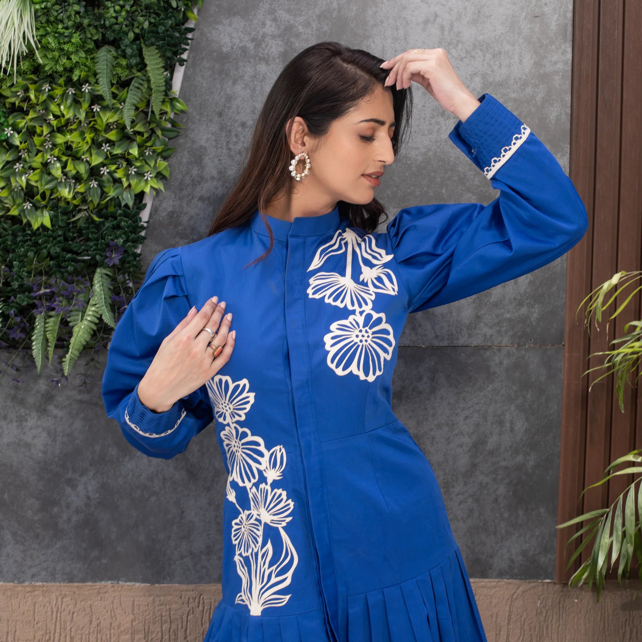 Royal Blue Puffed Sleeves Shirt Dress - Sila Atelier