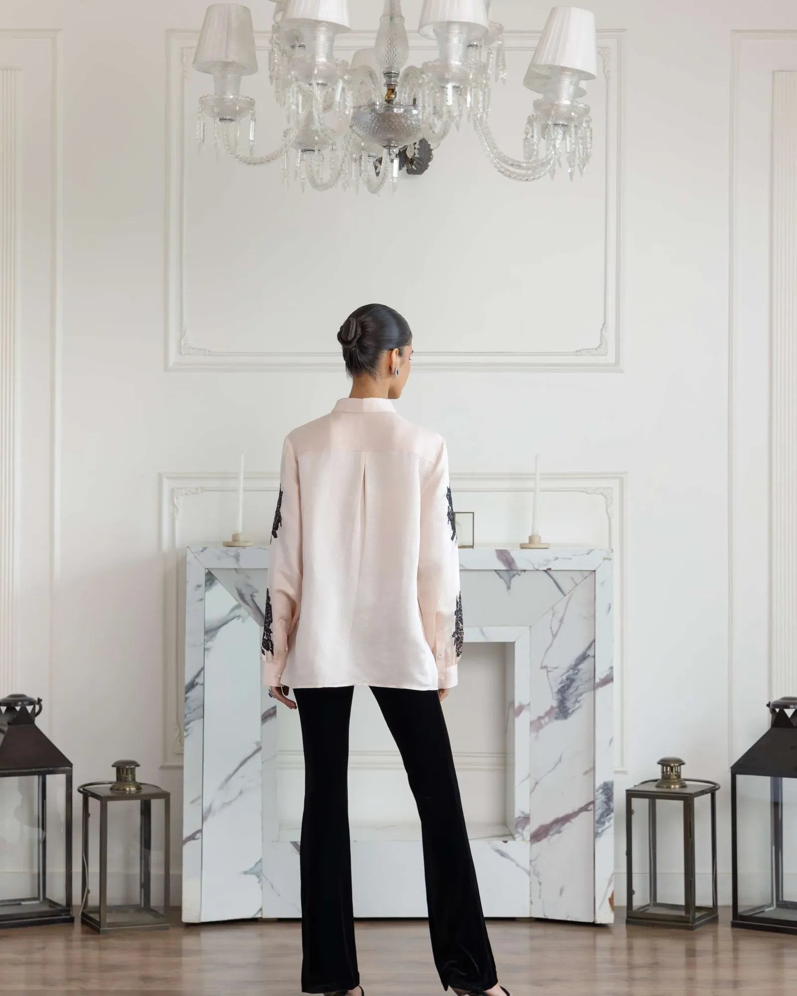 Camellia Heavenly Pink Hand embroidered French Lace Linen Silk Shirt - Dareiss