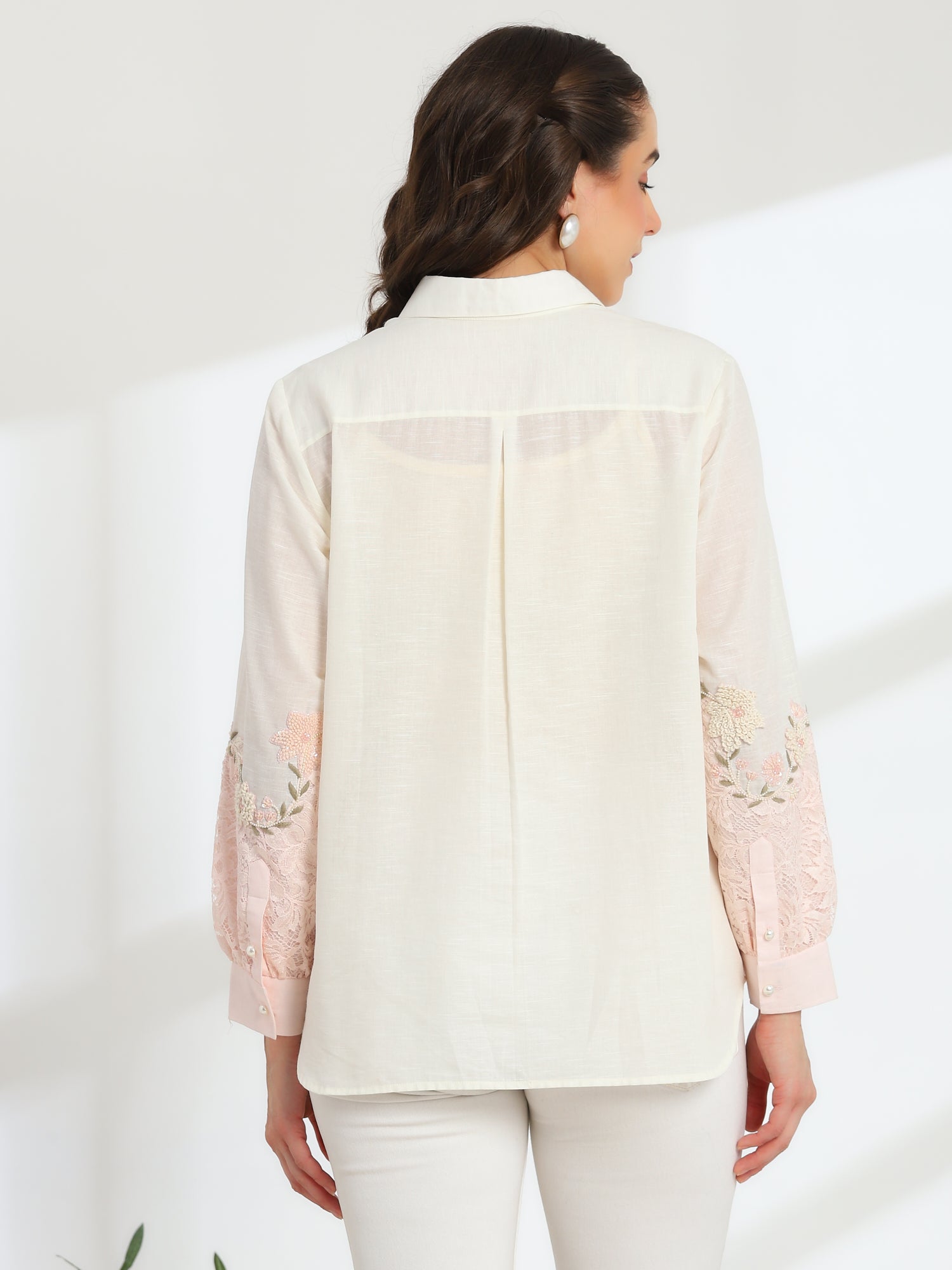 Cendre Pink Hand Embroidered French lace Silk Linen Shirt