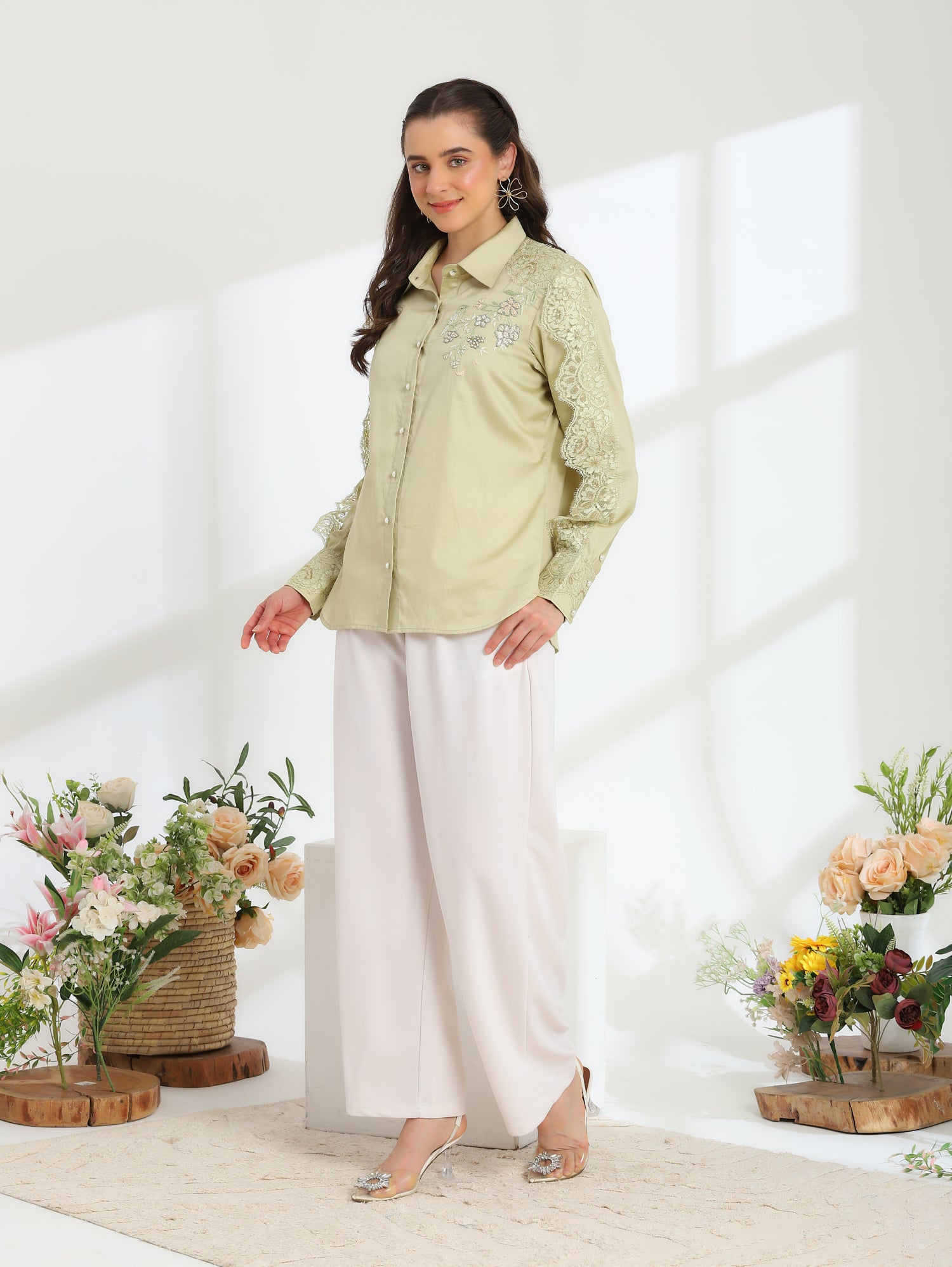 Soft Fern Hand Embroidered French lace Glazed Cotton Shirt