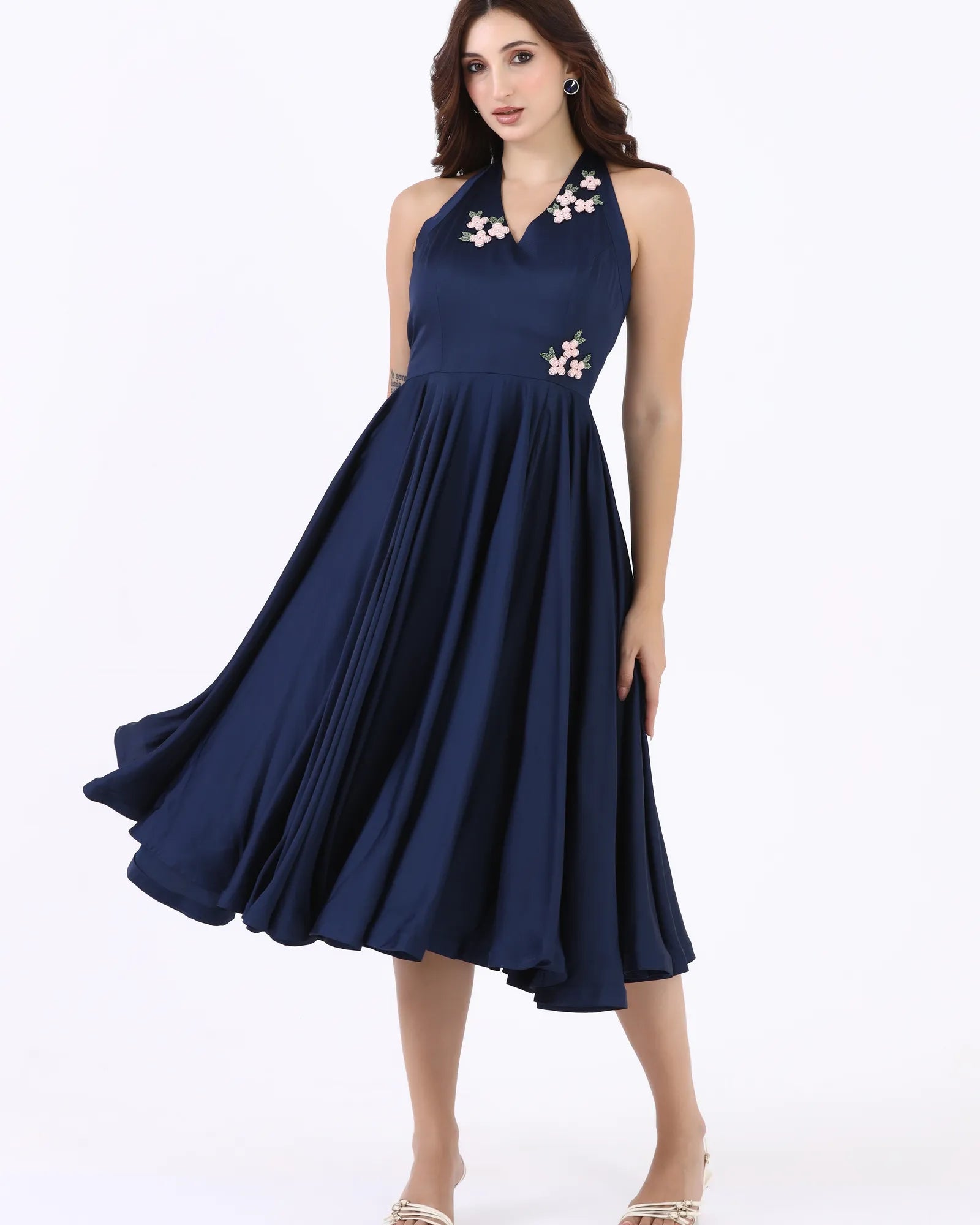 Midnight Blossom Halter Dress