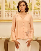 Serenade Peach Hand Embroidered French Lace Crepe Silk Top