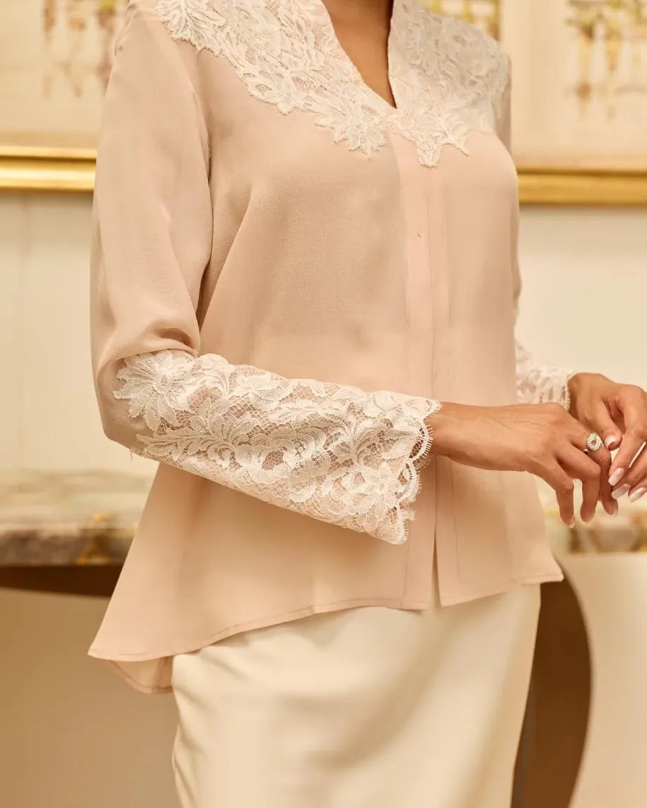 Lunaria Misty Rose French Lace Crepe Top - Dareiss