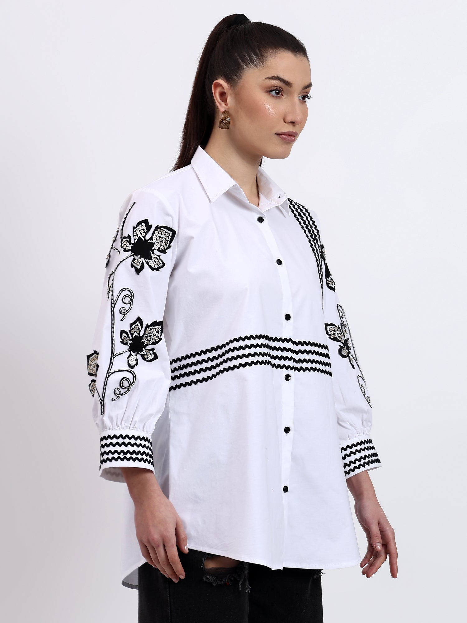 White Ric Rac Embroidered Shirt