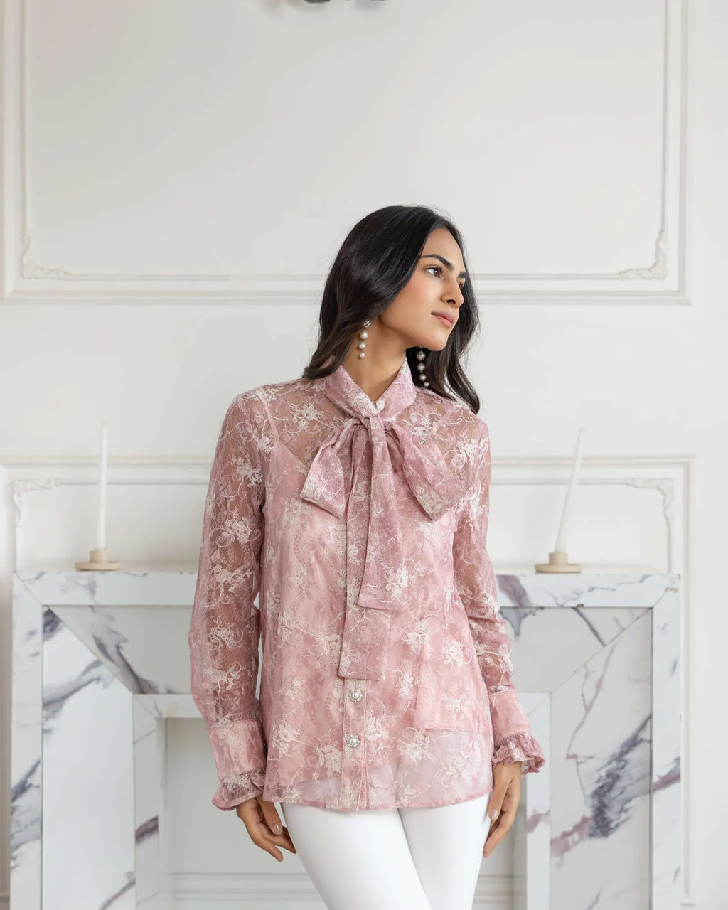 Fioren Blossom Pink French Lace Shirt